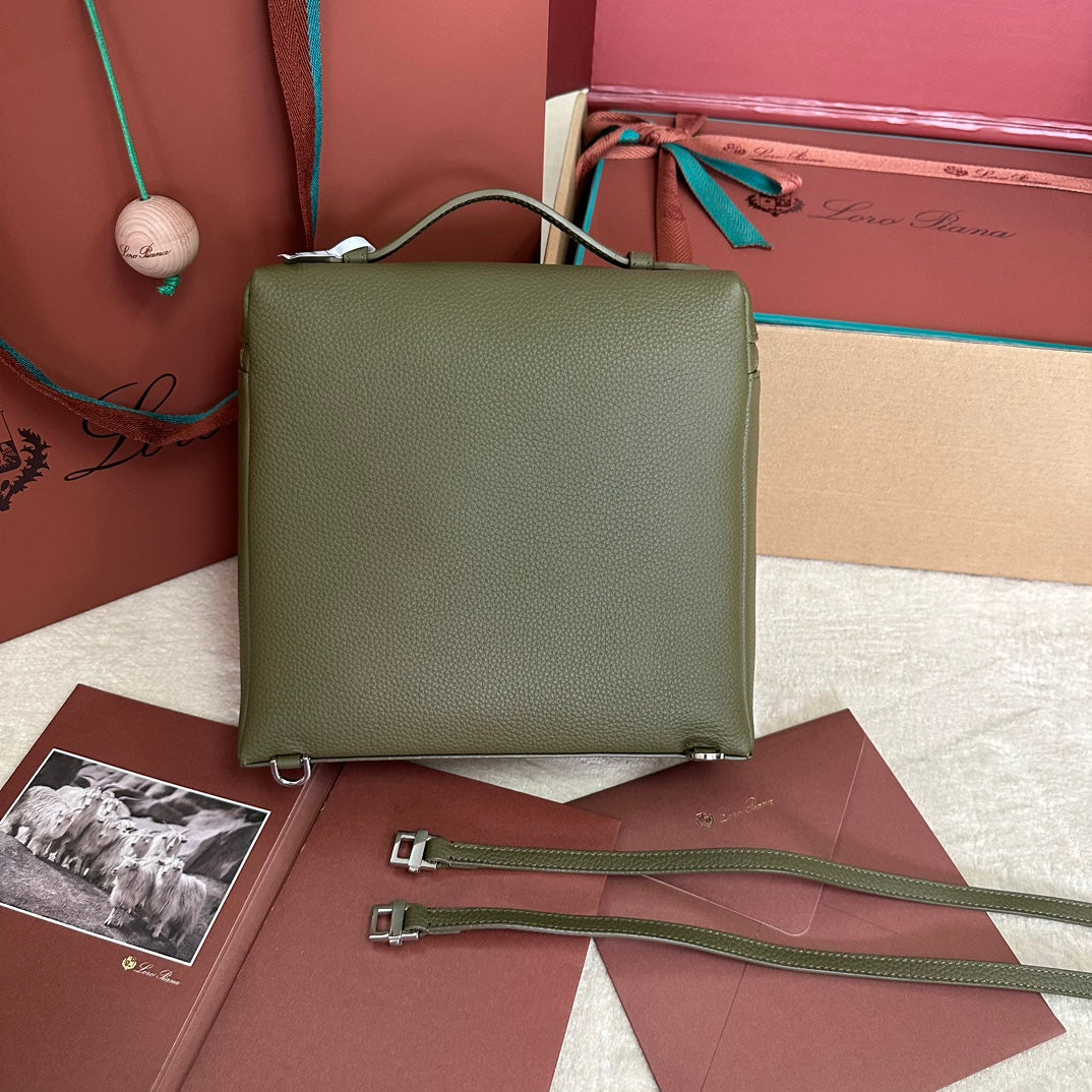 LORO PIANA EXTRA POCKET BACKPACK L23.5 IN ARMY GREEN CALFSKIN WITH SILVER HARDWARE