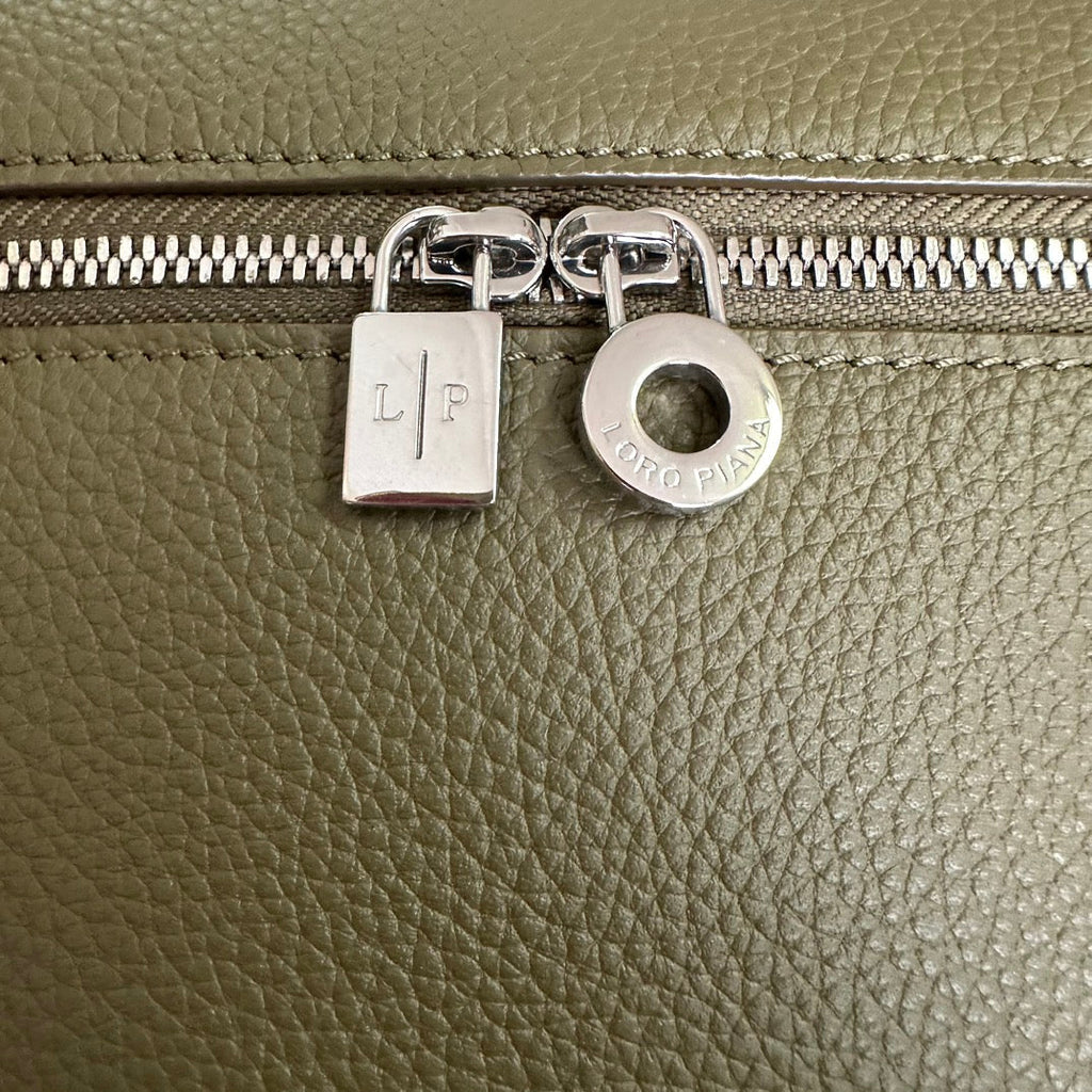LORO PIANA EXTRA POCKET BACKPACK L23.5 IN ARMY GREEN CALFSKIN WITH SILVER HARDWARE