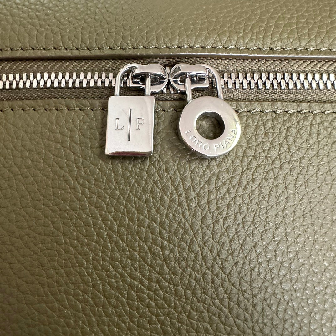 LORO PIANA EXTRA POCKET BACKPACK L23.5 IN ARMY GREEN CALFSKIN WITH SILVER HARDWARE