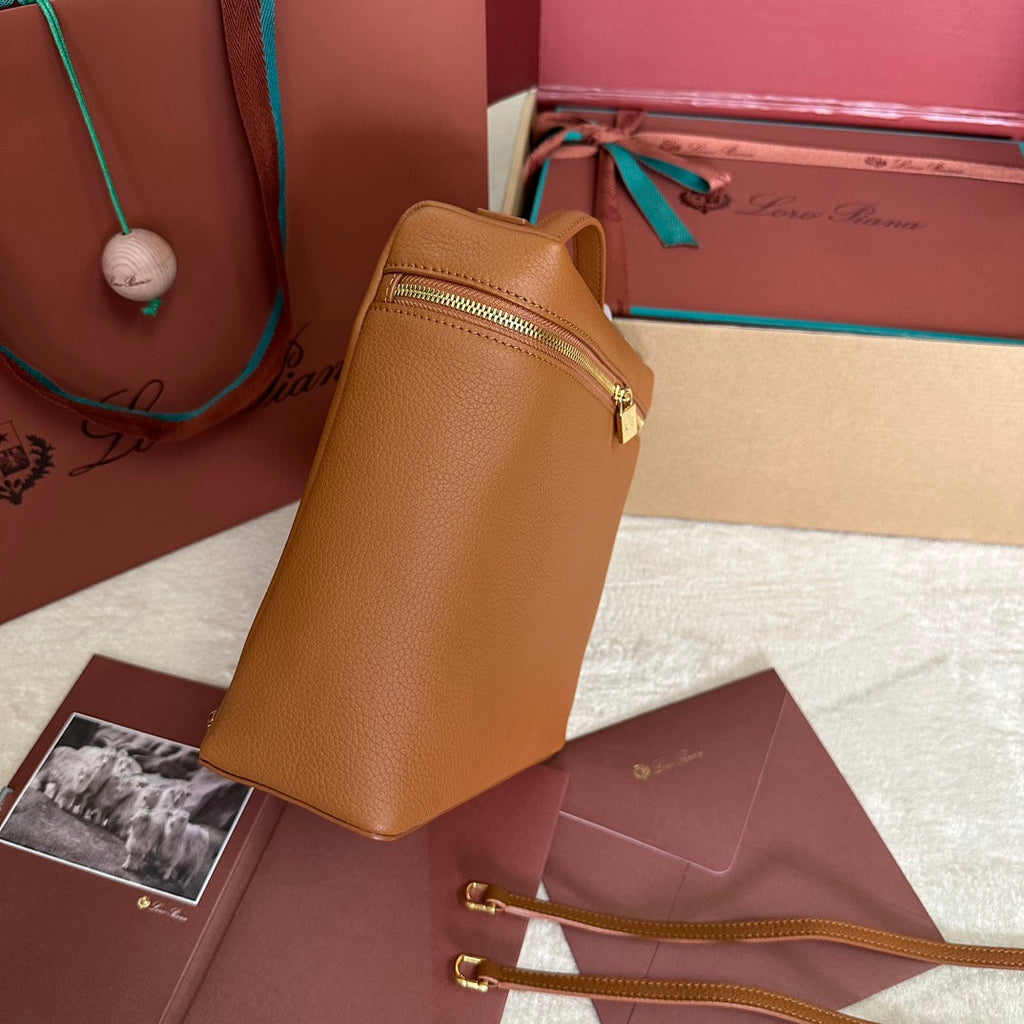 LORO PIANA EXTRA POCKET BACKPACK L23.5 IN GINGER ORANGE CALFSKIN WITH GOLD HARDWARE