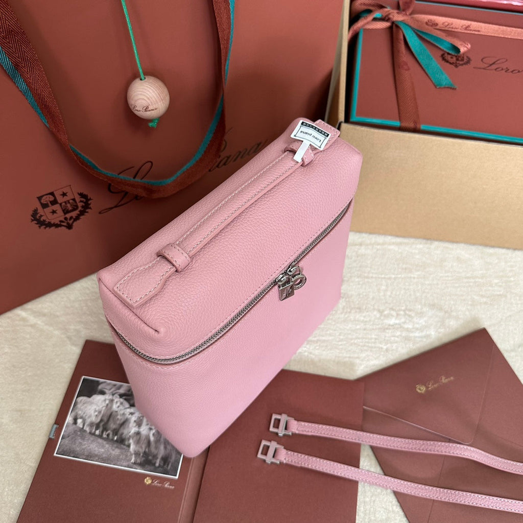 LORO PIANA EXTRA POCKET BACKPACK L23.5 IN BABY PINK CALFSKIN WITH SILVER HARDWARE