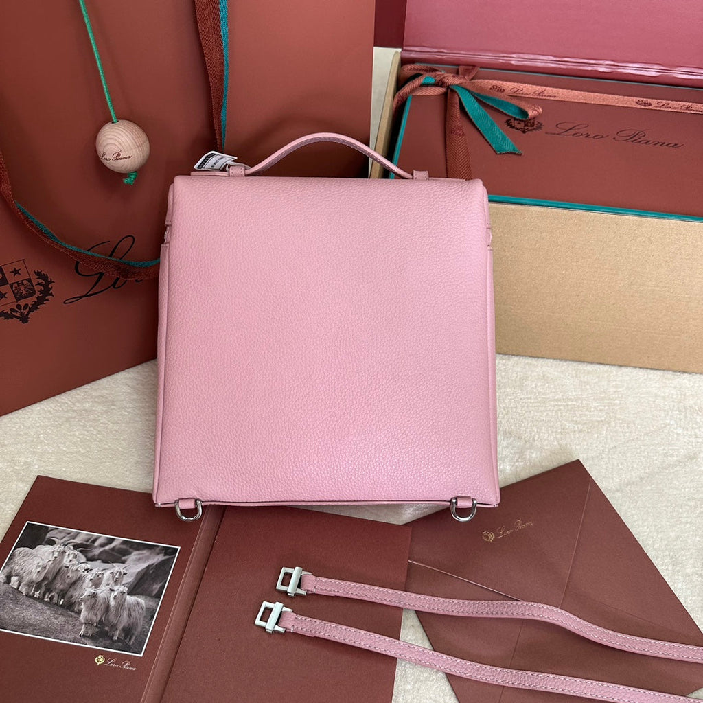 LORO PIANA EXTRA POCKET BACKPACK L23.5 IN BABY PINK CALFSKIN WITH SILVER HARDWARE