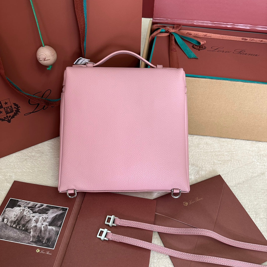 LORO PIANA EXTRA POCKET BACKPACK L23.5 IN BABY PINK CALFSKIN WITH SILVER HARDWARE