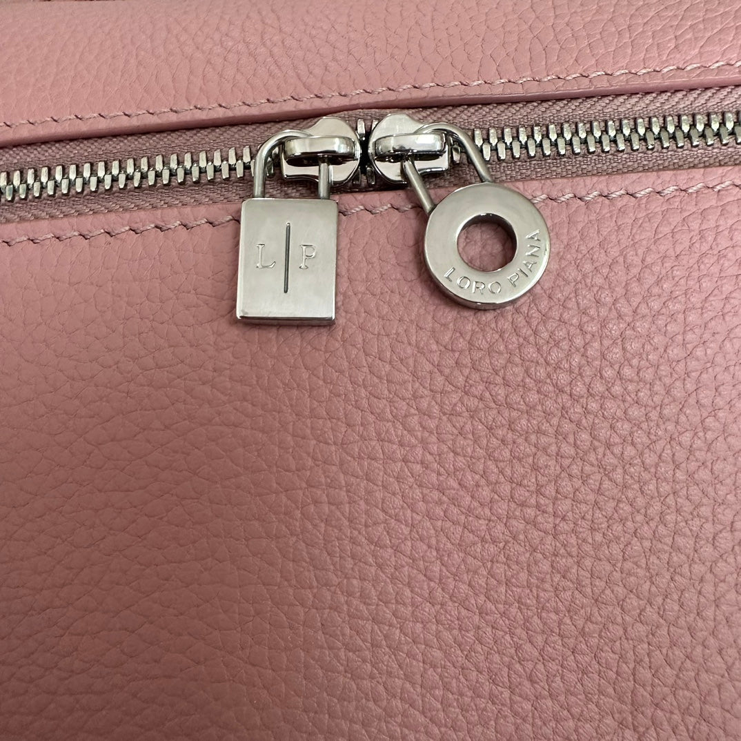 LORO PIANA EXTRA POCKET BACKPACK L23.5 IN BABY PINK CALFSKIN WITH SILVER HARDWARE
