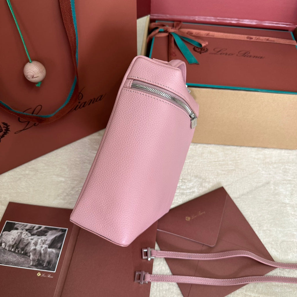 LORO PIANA EXTRA POCKET BACKPACK L23.5 IN BABY PINK CALFSKIN WITH SILVER HARDWARE