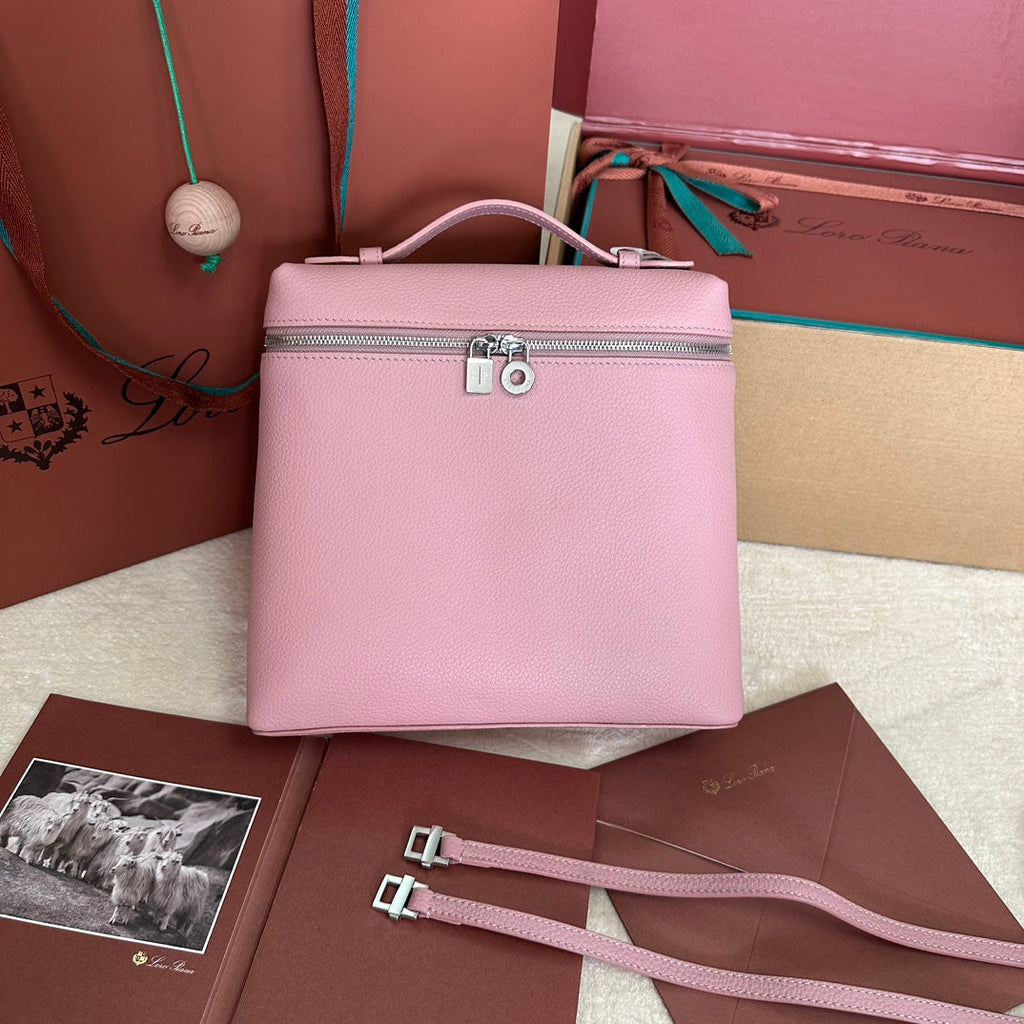 LORO PIANA EXTRA POCKET BACKPACK L23.5 IN BABY PINK CALFSKIN WITH SILVER HARDWARE