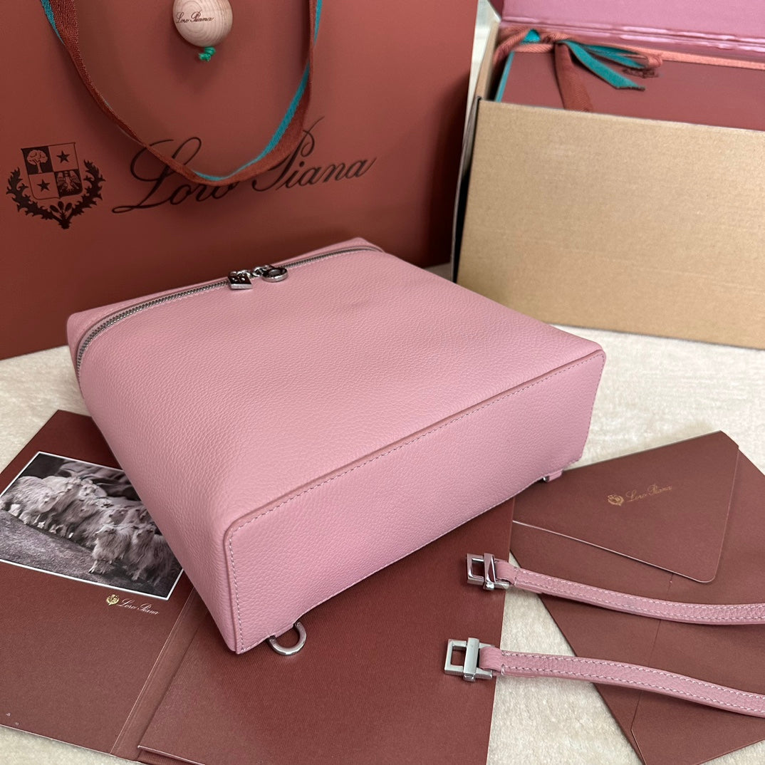 LORO PIANA EXTRA POCKET BACKPACK L23.5 IN BABY PINK CALFSKIN WITH SILVER HARDWARE