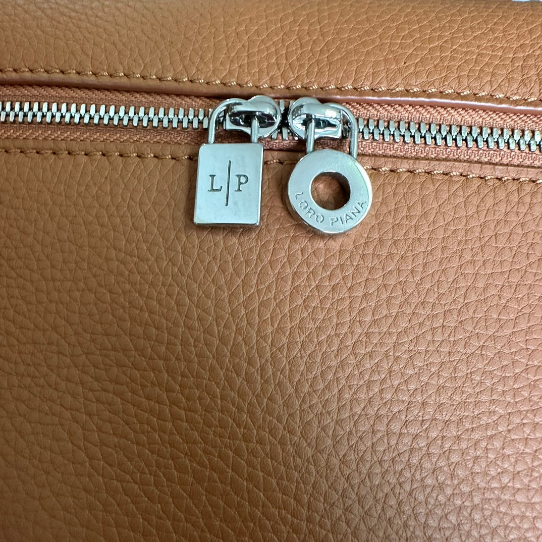 LORO PIANA EXTRA POCKET BACKPACK L23.5 IN GINGER ORANGE CALFSKIN WITH SILVER HARDWARE