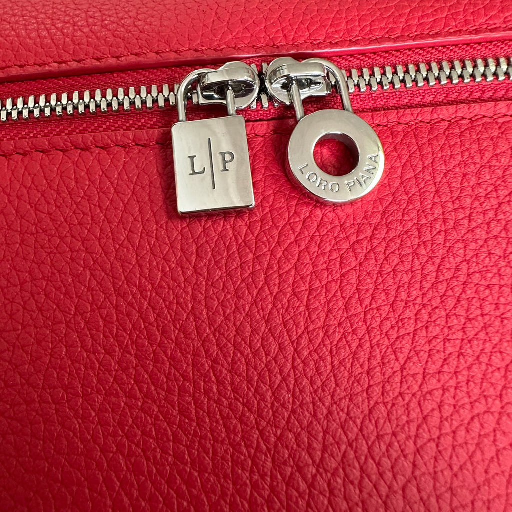LORO PIANA EXTRA POCKET BACKPACK L23.5 IN CHERRY RED CALFSKIN WITH SILVER HARDWARE