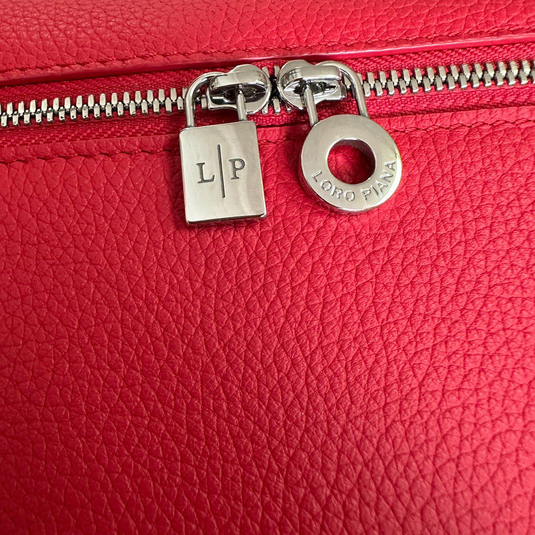 LORO PIANA EXTRA POCKET BACKPACK L23.5 IN CHERRY RED CALFSKIN WITH SILVER HARDWARE