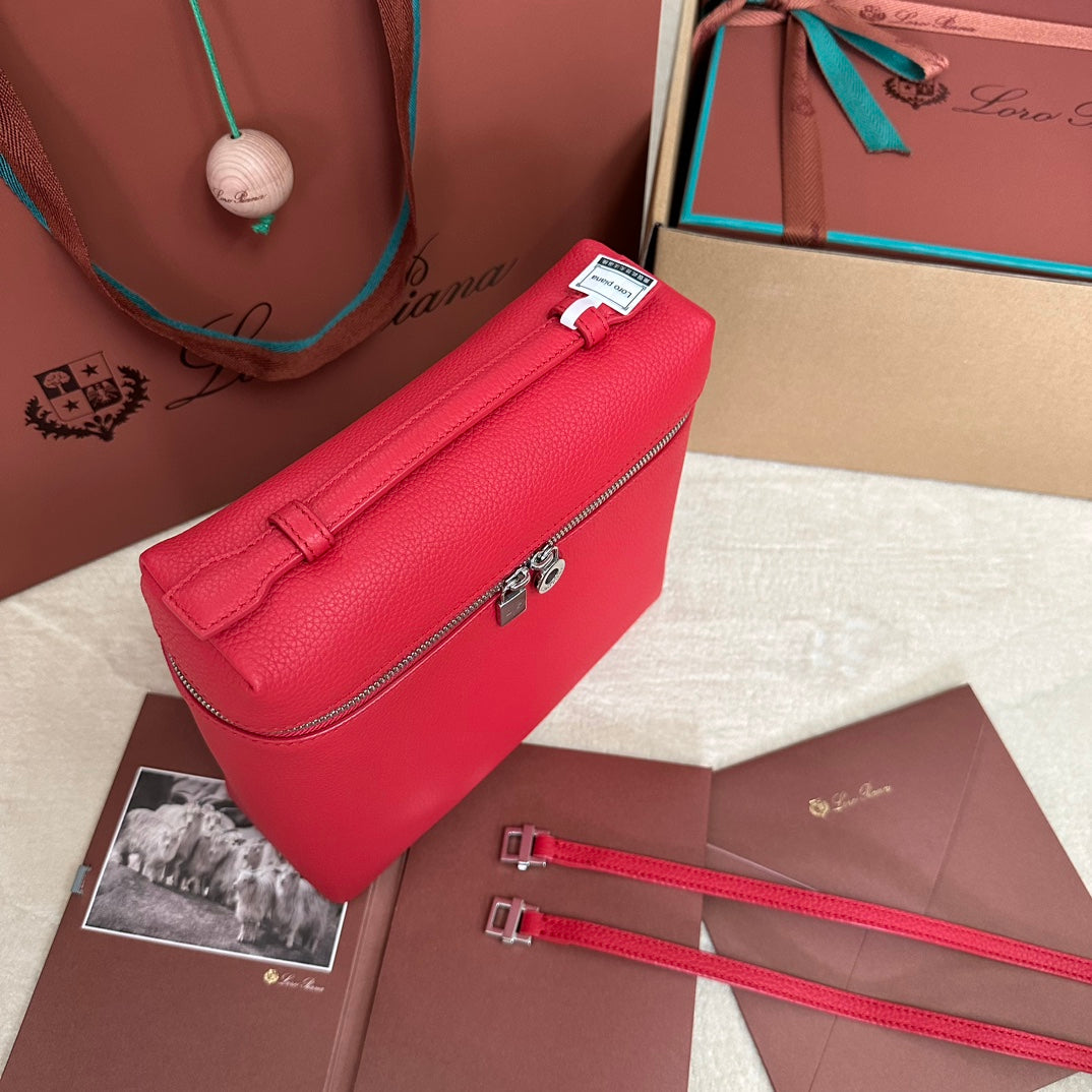 LORO PIANA EXTRA POCKET BACKPACK L23.5 IN CHERRY RED CALFSKIN WITH SILVER HARDWARE