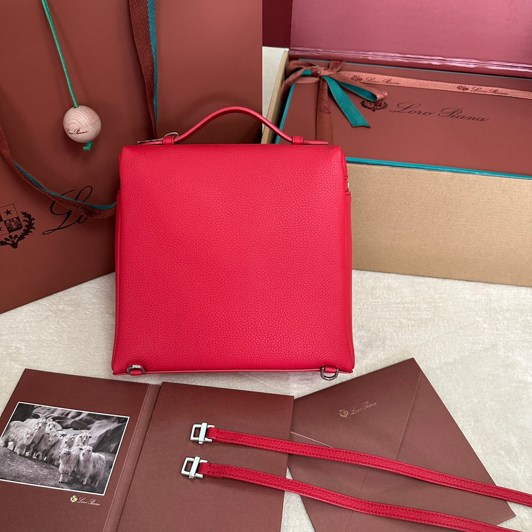 LORO PIANA EXTRA POCKET BACKPACK L23.5 IN CHERRY RED CALFSKIN WITH SILVER HARDWARE
