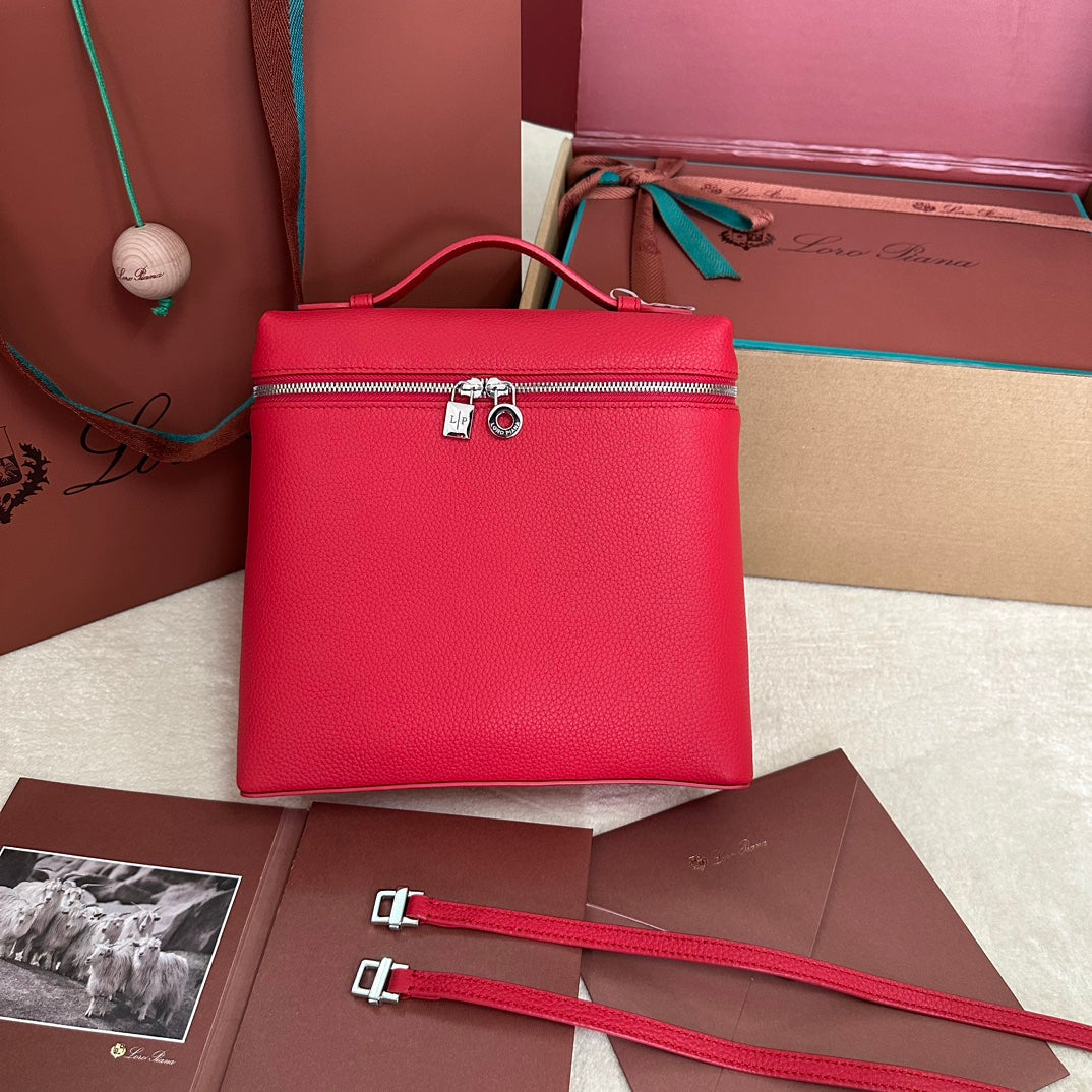 LORO PIANA EXTRA POCKET BACKPACK L23.5 IN CHERRY RED CALFSKIN WITH SILVER HARDWARE