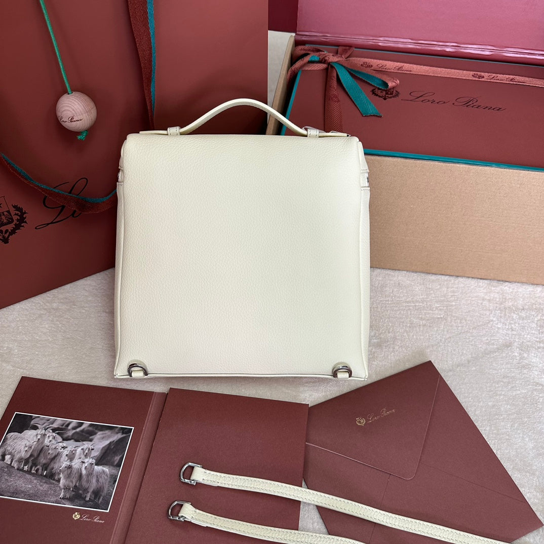 LORO PIANA EXTRA POCKET BACKPACK L23.5 IN WHITE CALFSKIN WITH SILVER HARDWARE