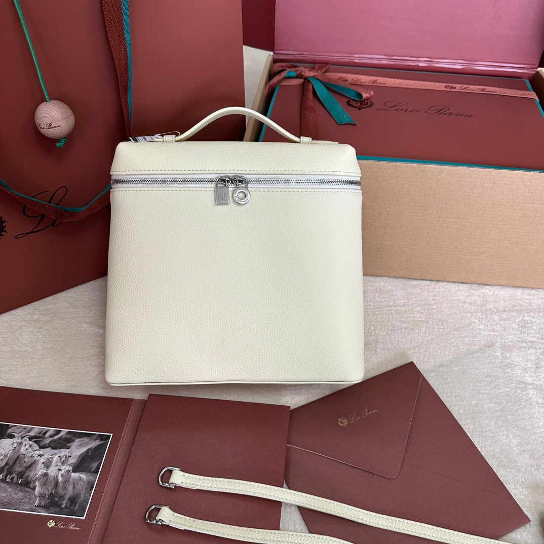 LORO PIANA EXTRA POCKET BACKPACK L23.5 IN WHITE CALFSKIN WITH SILVER HARDWARE