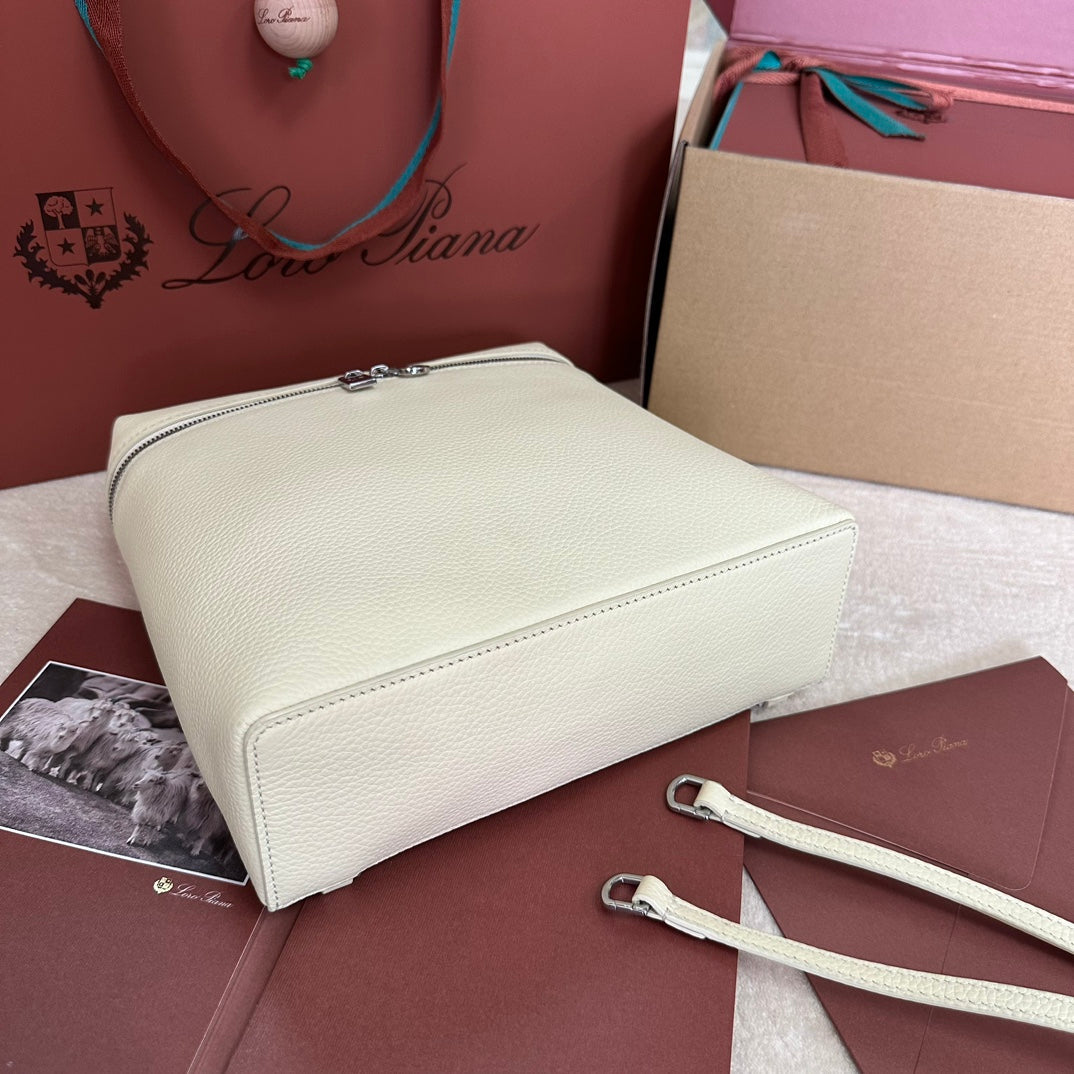 LORO PIANA EXTRA POCKET BACKPACK L23.5 IN WHITE CALFSKIN WITH SILVER HARDWARE
