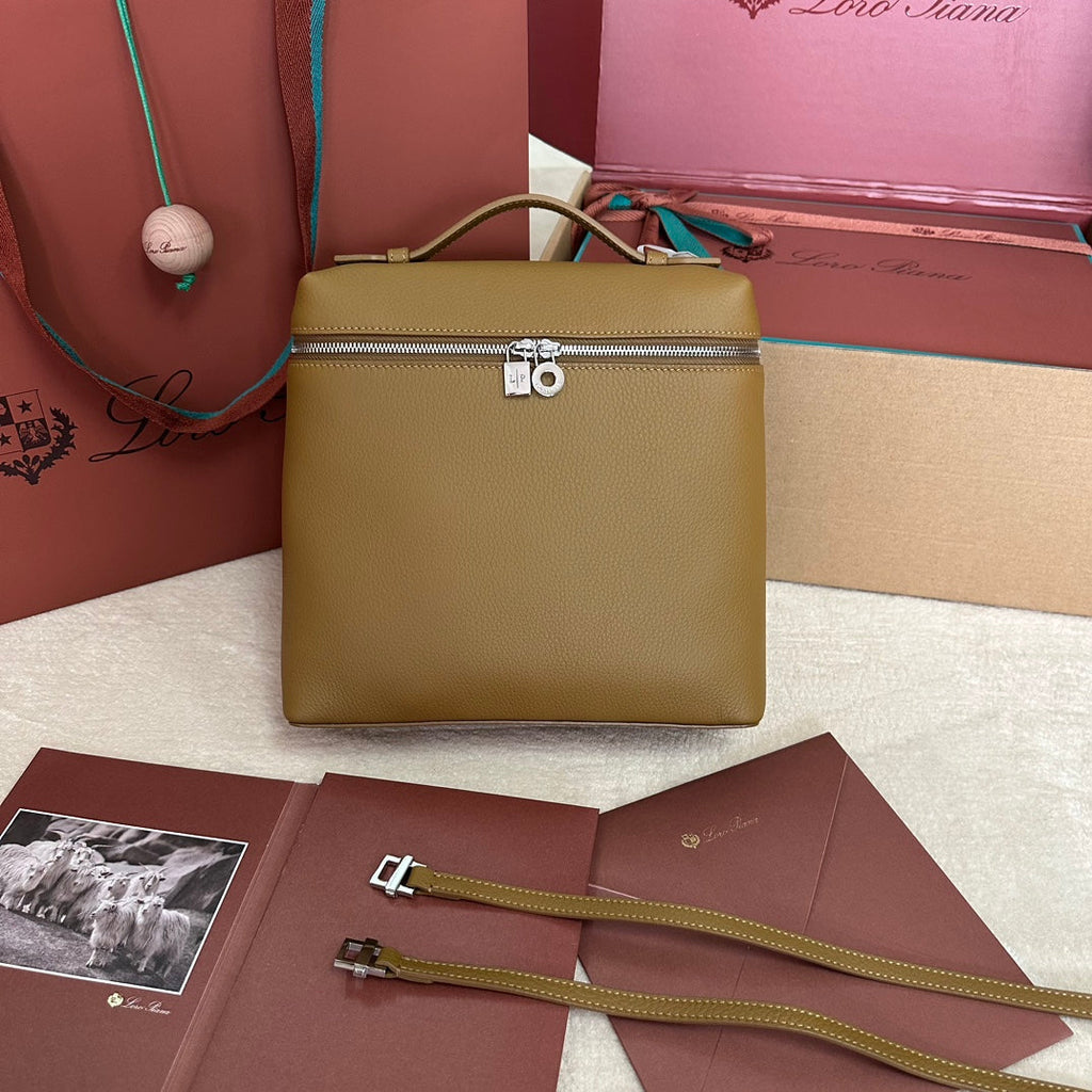 LORO PIANA EXTRA POCKET BACKPACK L23.5 IN CHOCOLATE BROWN CALFSKIN WITH SILVER HARDWARE