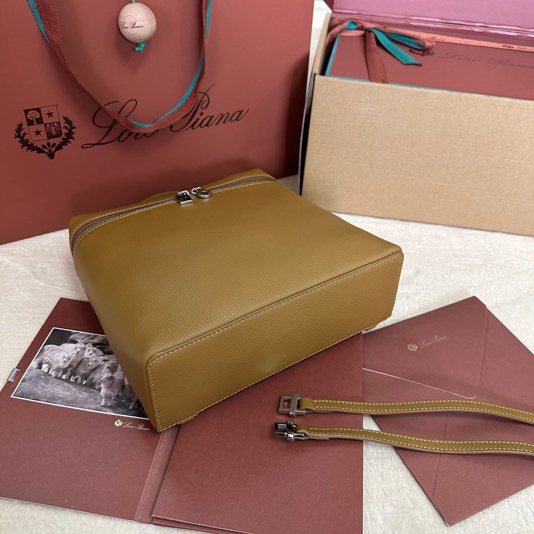 LORO PIANA EXTRA POCKET BACKPACK L23.5 IN CHOCOLATE BROWN CALFSKIN WITH SILVER HARDWARE