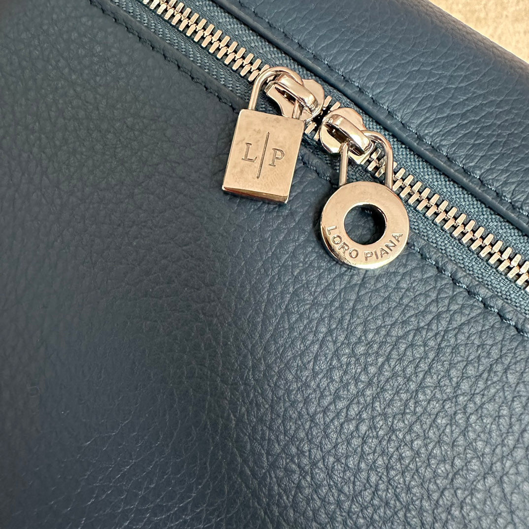 LORO PIANA EXTRA POCKET BACKPACK L23.5 IN CLASSIC BLUE CALFSKIN WITH SILVER HARDWARE