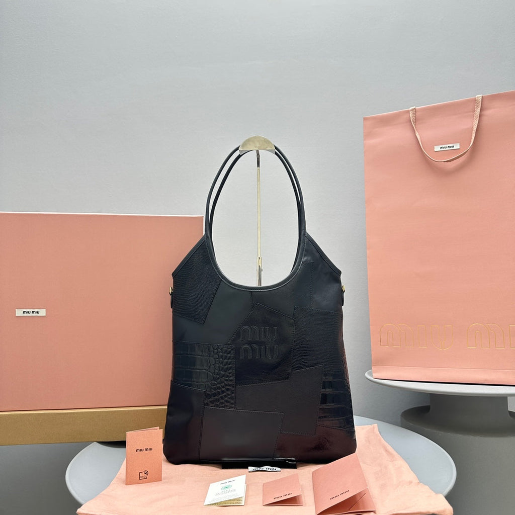 MIU MIU HOBO 40 TOTE IN PATCHWORK BLACK CALFSKIN
