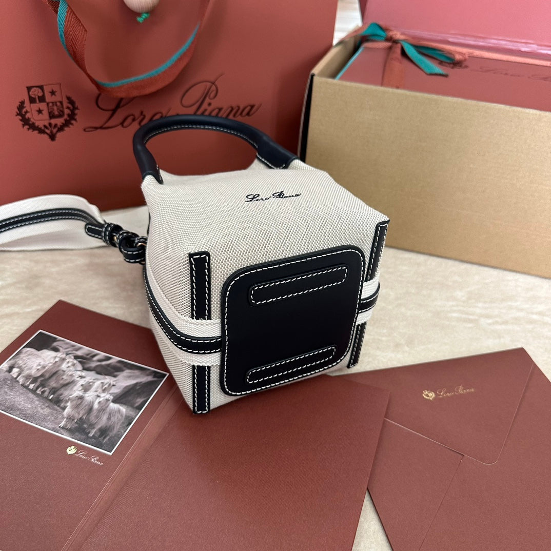 LORO PIANA MICRO BALE BAG IN WHITE CANVAS AND BLACK CALFSKIN
