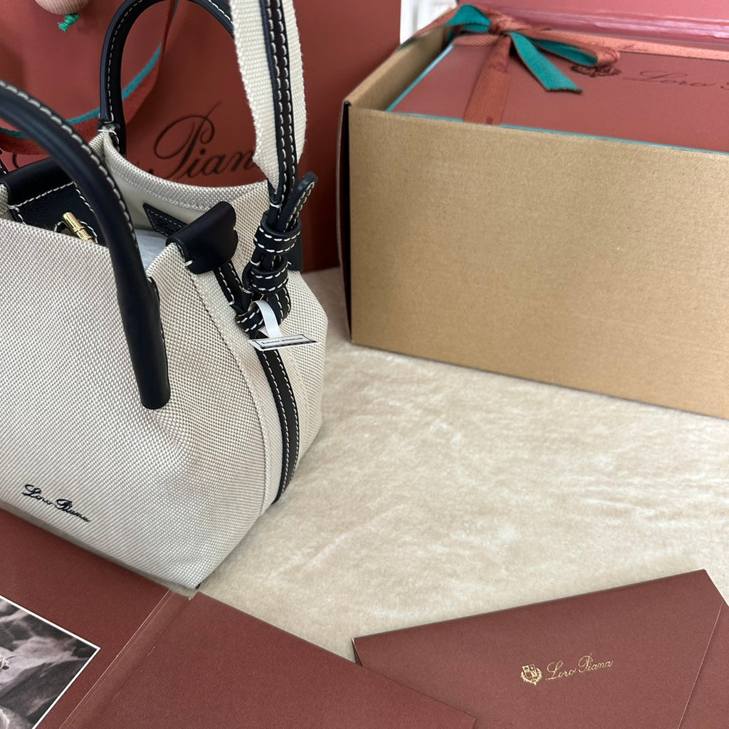 LORO PIANA MICRO BALE BAG IN WHITE CANVAS AND BLACK CALFSKIN