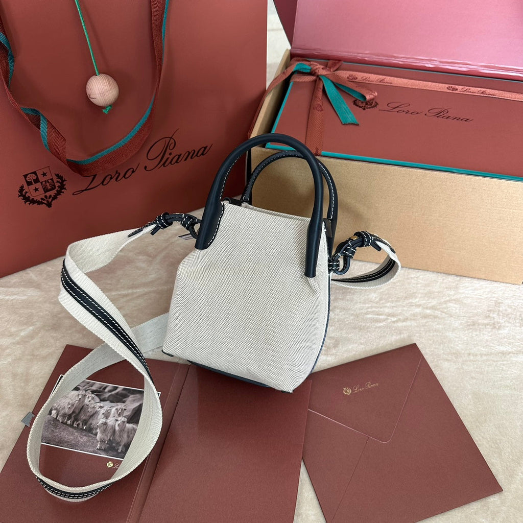 LORO PIANA MICRO BALE BAG IN WHITE CANVAS AND BLACK CALFSKIN