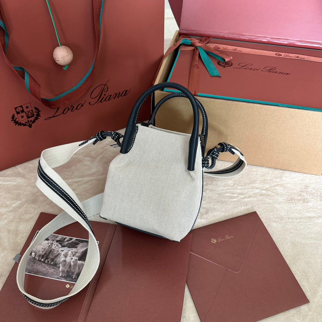 LORO PIANA MICRO BALE BAG IN WHITE CANVAS AND BLACK CALFSKIN