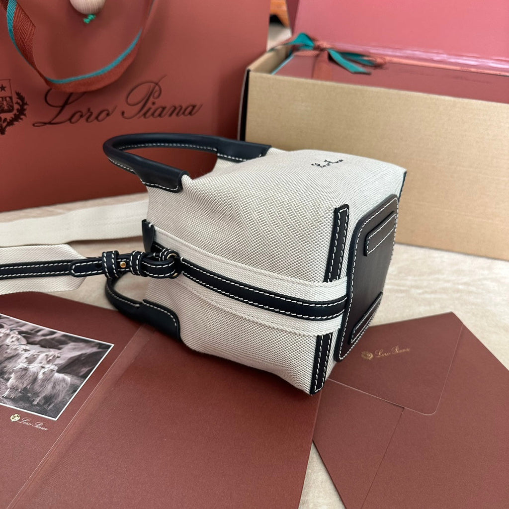 LORO PIANA MICRO BALE BAG IN WHITE CANVAS AND BLACK CALFSKIN