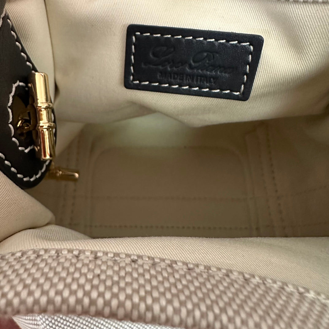 LORO PIANA MICRO BALE BAG IN WHITE CANVAS AND BLACK CALFSKIN