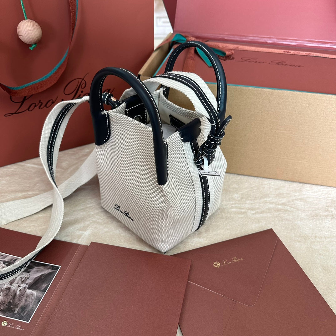 LORO PIANA MICRO BALE BAG IN WHITE CANVAS AND BLACK CALFSKIN
