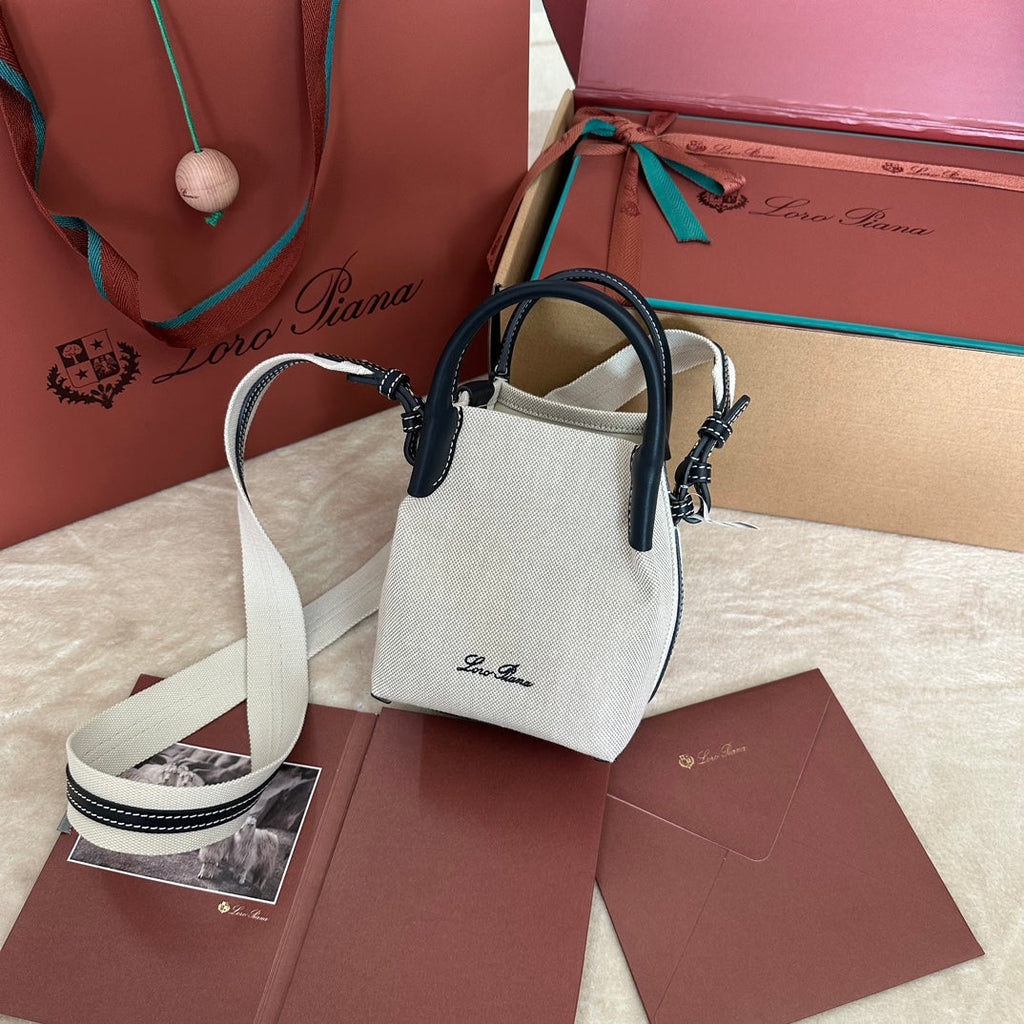 LORO PIANA MICRO BALE BAG IN WHITE CANVAS AND BLACK CALFSKIN