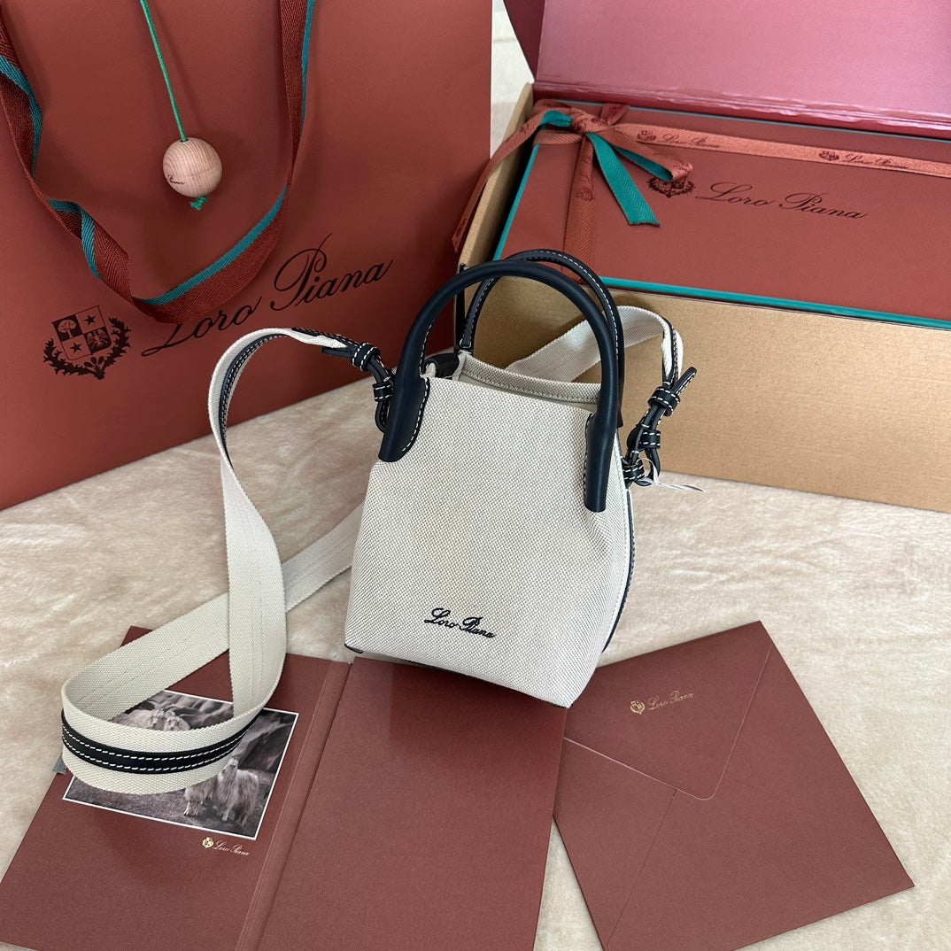 LORO PIANA MICRO BALE BAG IN WHITE CANVAS AND BLACK CALFSKIN