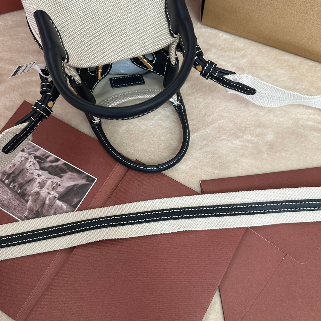 LORO PIANA MICRO BALE BAG IN WHITE CANVAS AND BLACK CALFSKIN