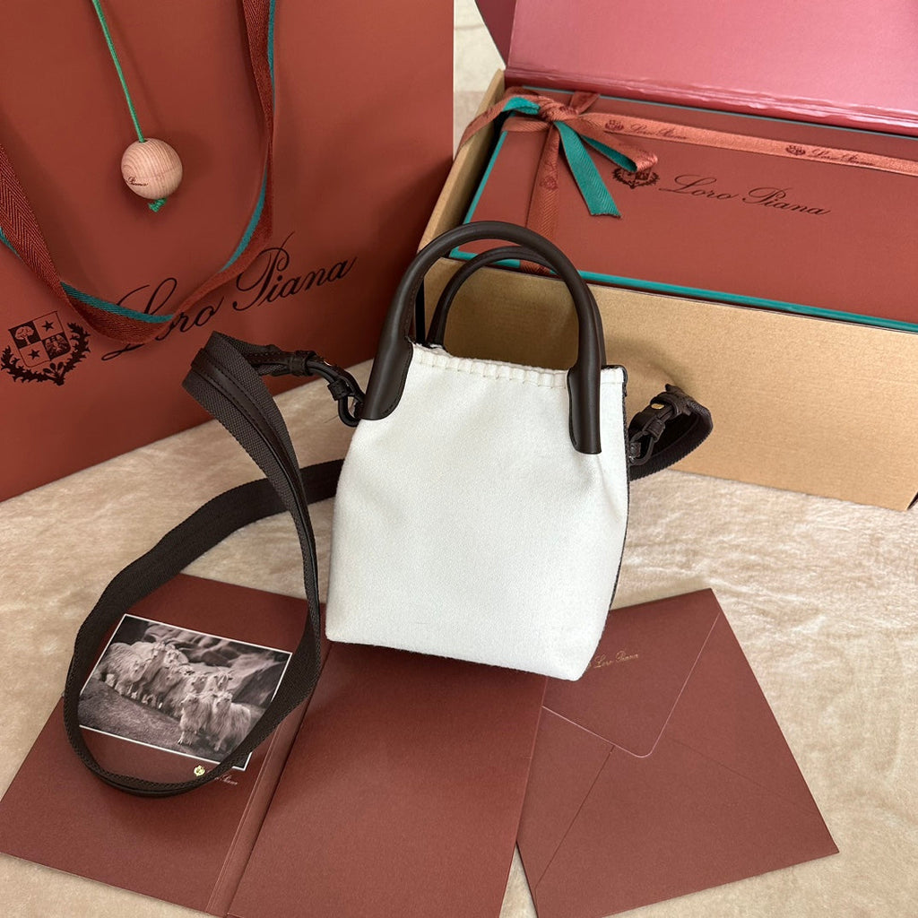 LORO PIANA MICRO BALE BAG IN WHITE FABRIC AND DARK BROWN CALFSKIN