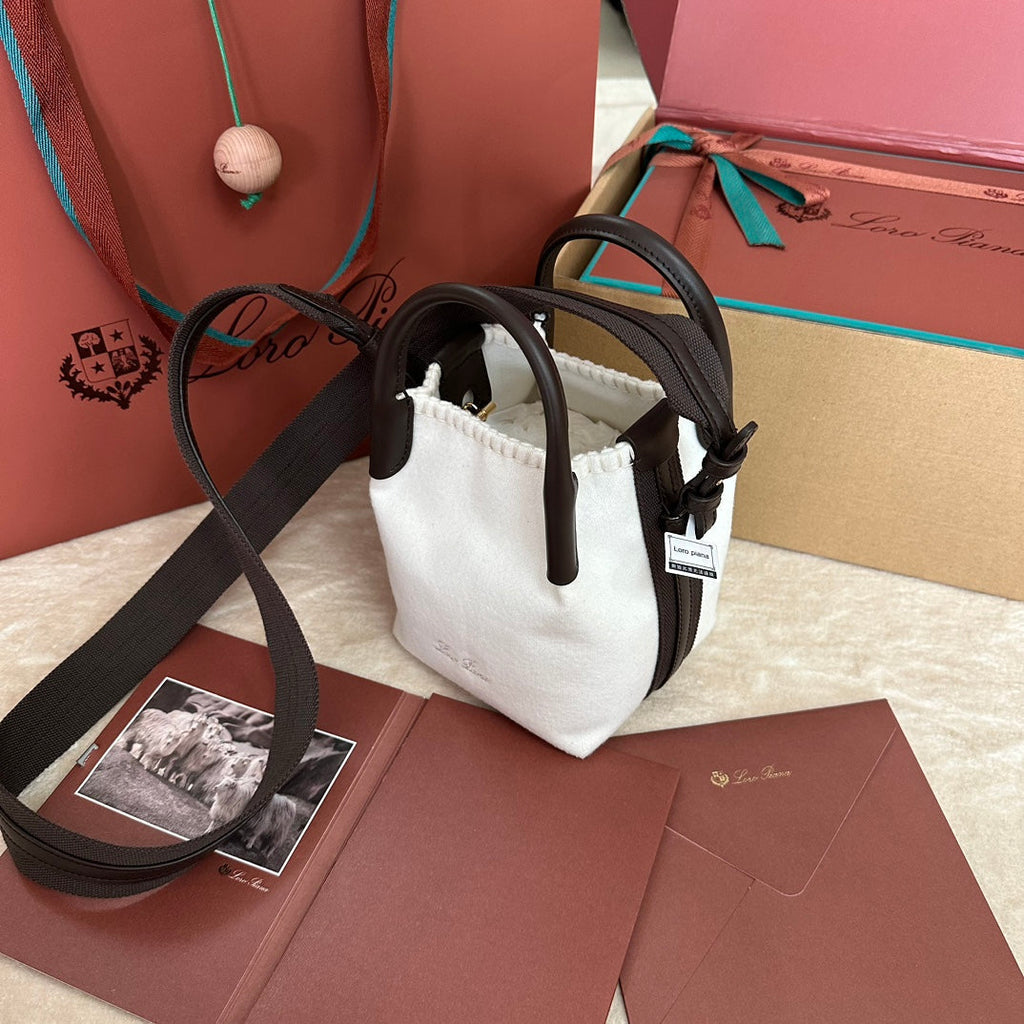 LORO PIANA MICRO BALE BAG IN WHITE FABRIC AND DARK BROWN CALFSKIN