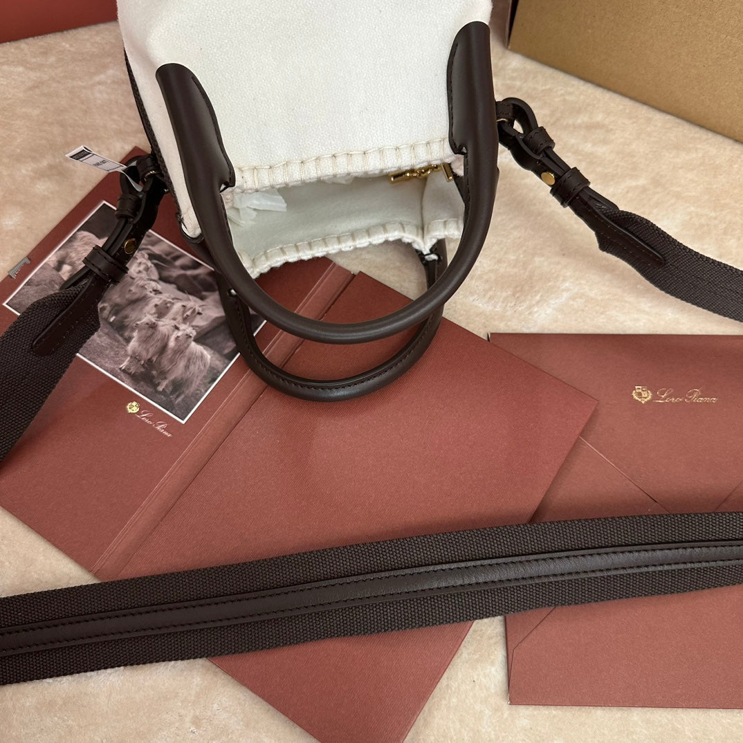 LORO PIANA MICRO BALE BAG IN WHITE FABRIC AND DARK BROWN CALFSKIN