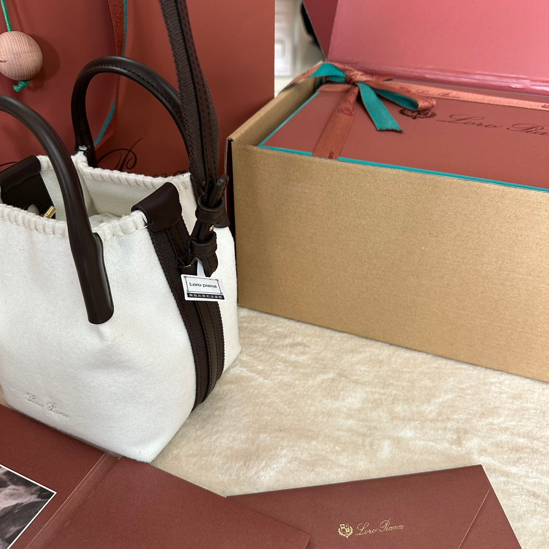 LORO PIANA MICRO BALE BAG IN WHITE FABRIC AND DARK BROWN CALFSKIN