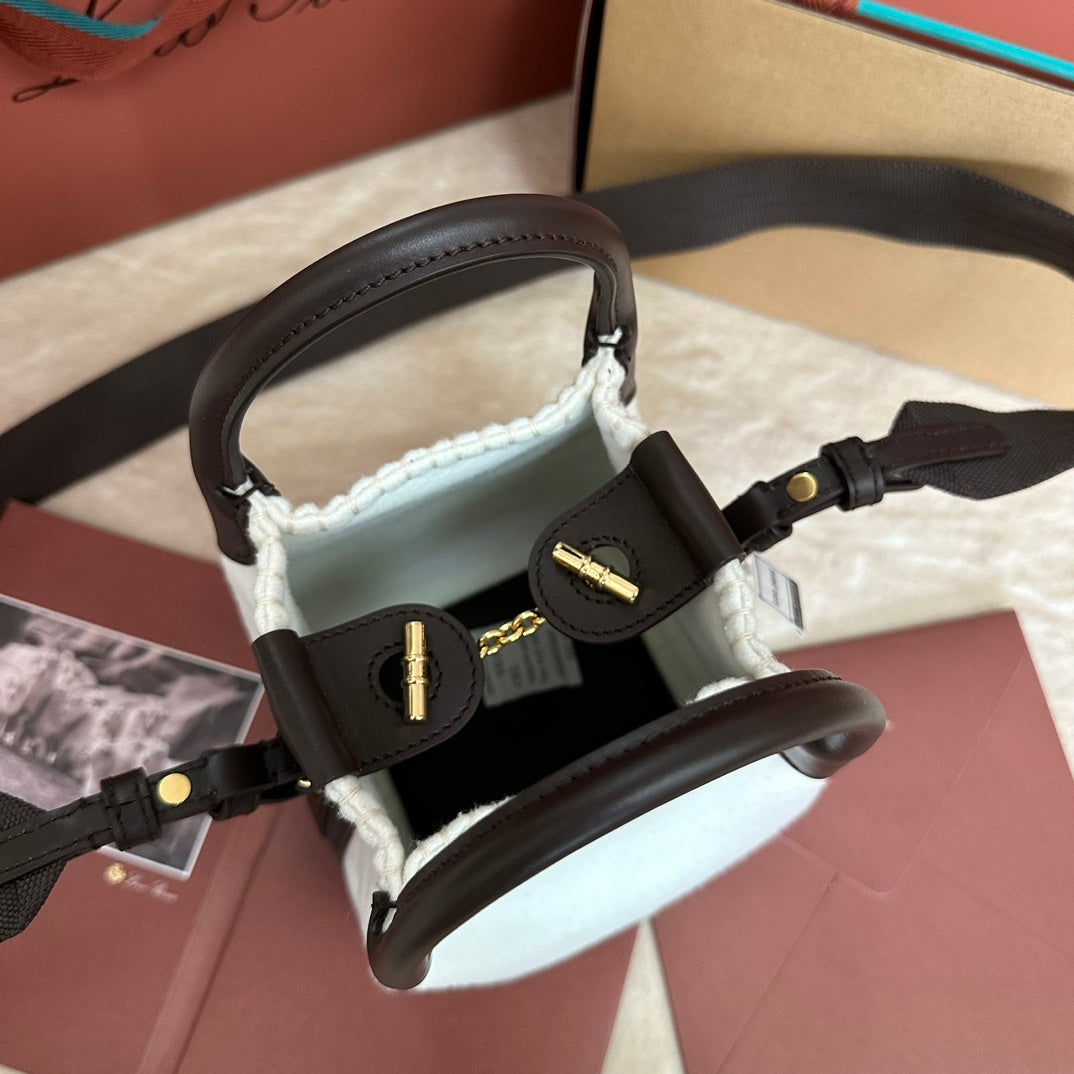 LORO PIANA MICRO BALE BAG IN WHITE FABRIC AND DARK BROWN CALFSKIN