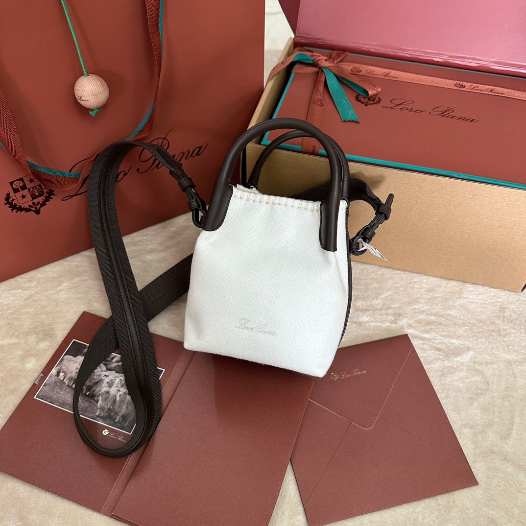 LORO PIANA MICRO BALE BAG IN WHITE FABRIC AND DARK BROWN CALFSKIN