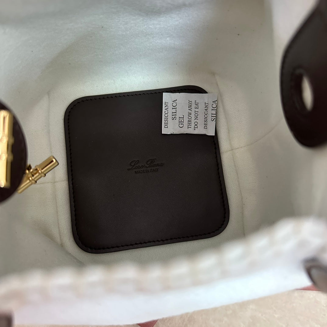 LORO PIANA MICRO BALE BAG IN WHITE FABRIC AND DARK BROWN CALFSKIN
