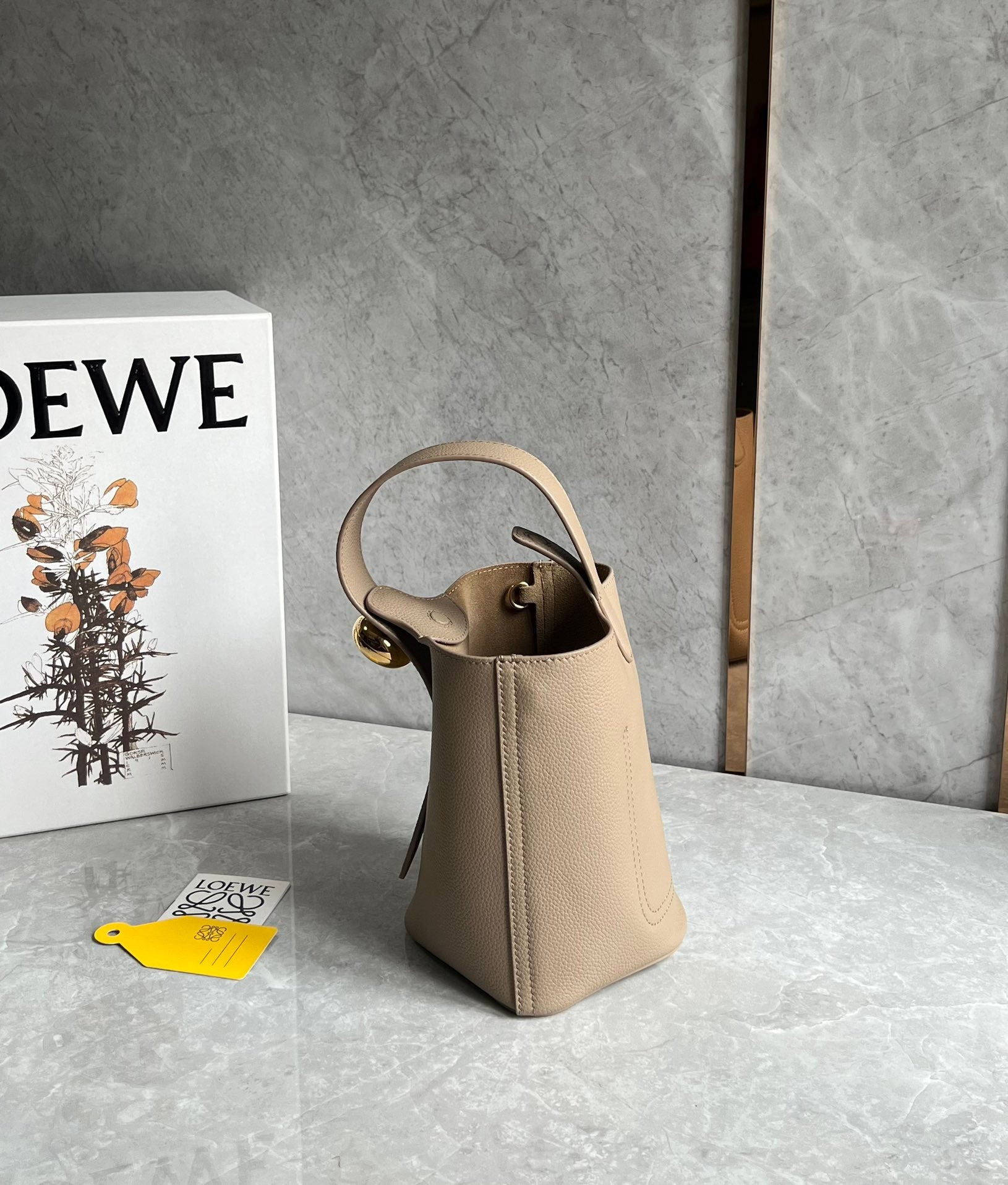 LOEWE LOE MINI 19 PEBBLE BUCKET IN CAMEL BROWN MELLOW CALFSKIN