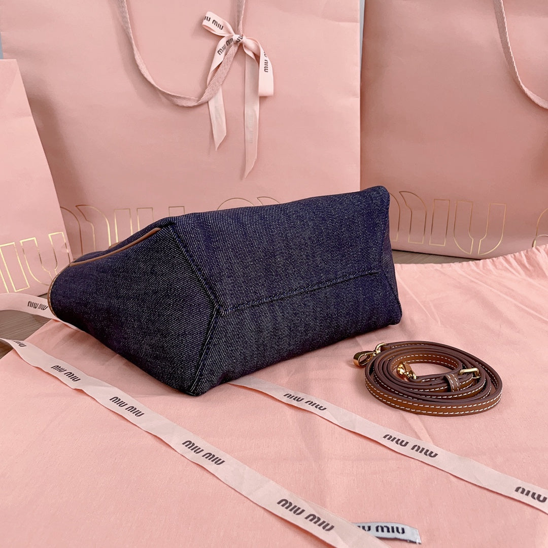 MIU MIU SMALL TOTE BAG 22 IN NAVY DENIM AND BROWN LEATHER TRIM