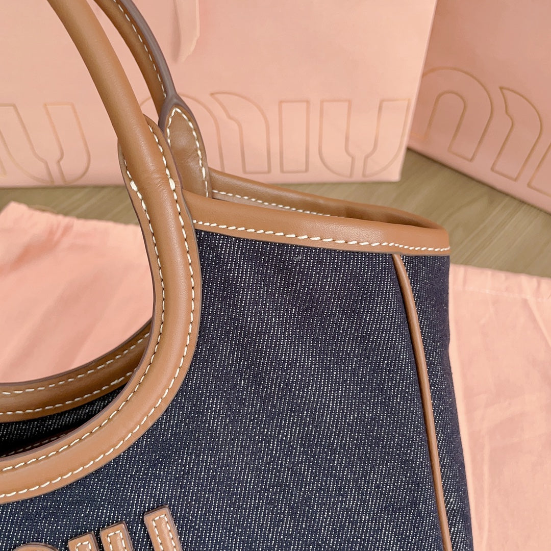 MIU MIU SMALL TOTE BAG 22 IN NAVY DENIM AND BROWN LEATHER TRIM