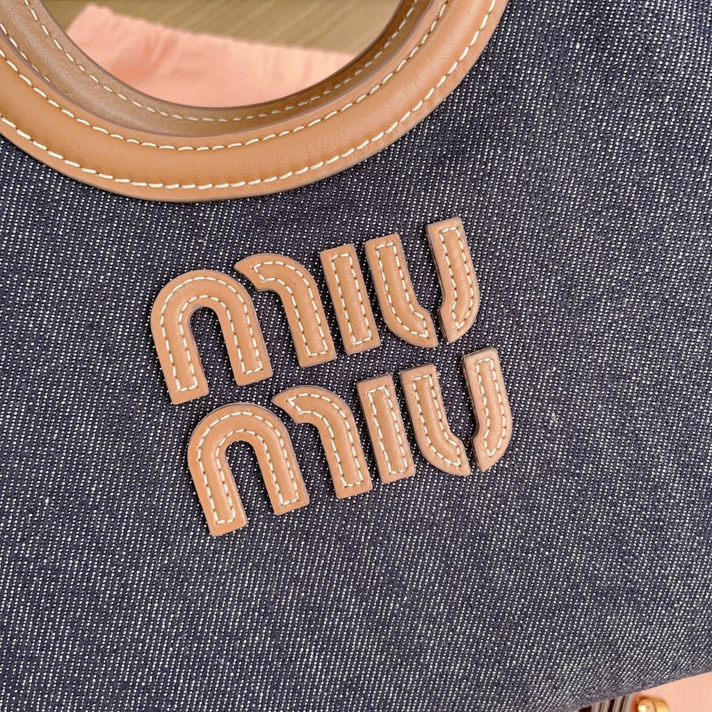MIU MIU SMALL TOTE BAG 22 IN NAVY DENIM AND BROWN LEATHER TRIM