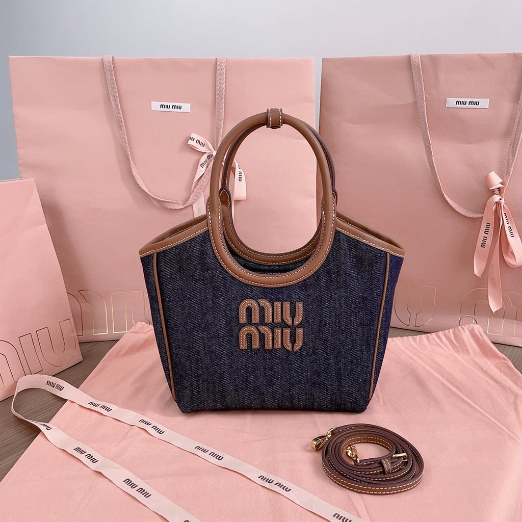 MIU MIU SMALL TOTE BAG 22 IN NAVY DENIM AND BROWN LEATHER TRIM