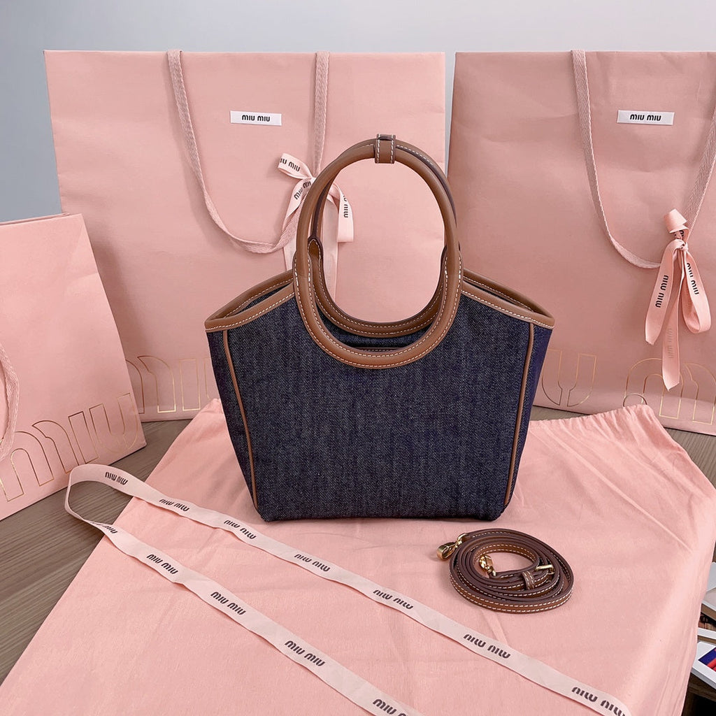 MIU MIU SMALL TOTE BAG 22 IN NAVY DENIM AND BROWN LEATHER TRIM