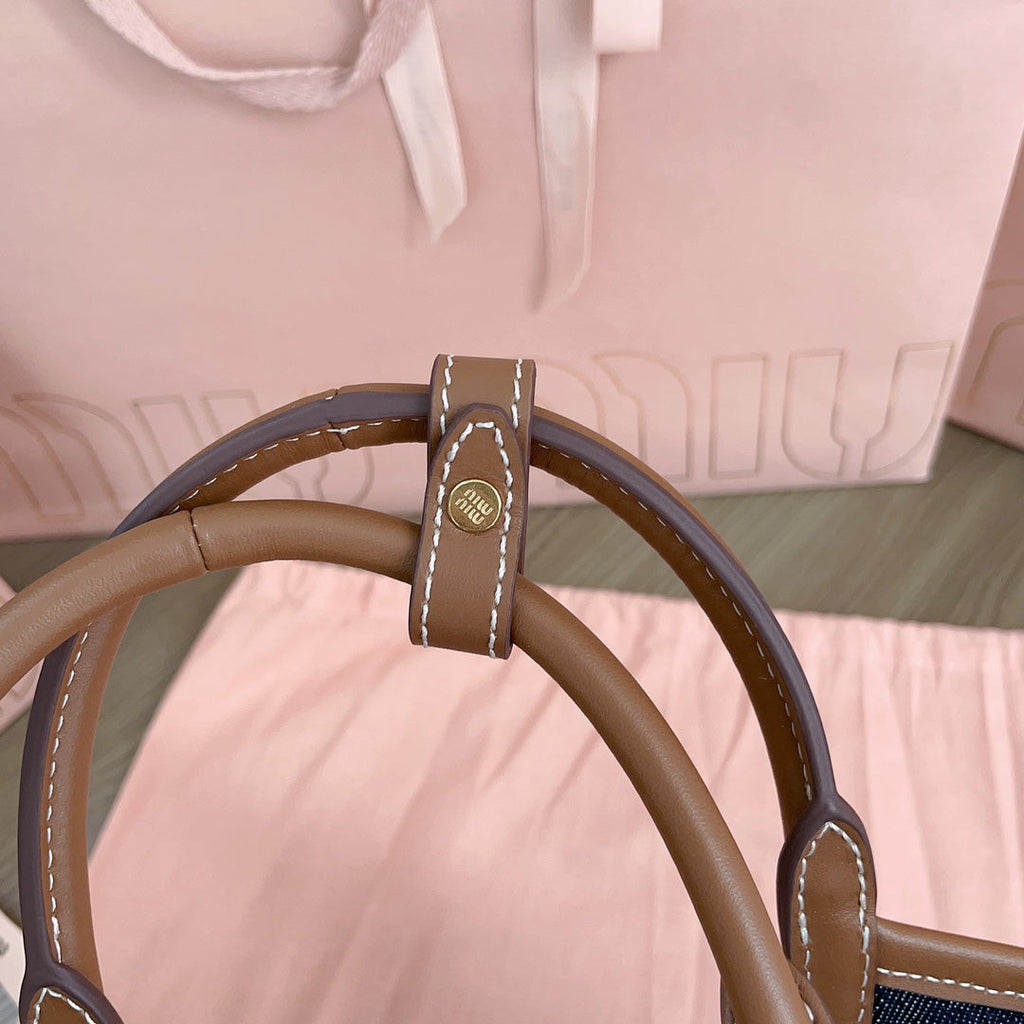 MIU MIU SMALL TOTE BAG 22 IN NAVY DENIM AND BROWN LEATHER TRIM