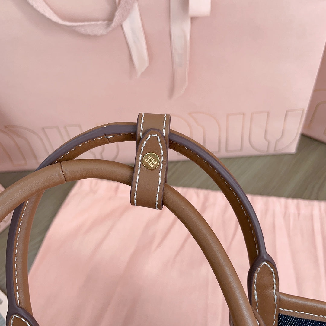 MIU MIU SMALL TOTE BAG 22 IN NAVY DENIM AND BROWN LEATHER TRIM