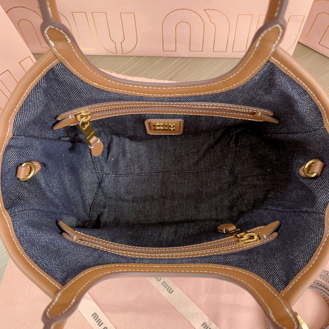 MIU MIU SMALL TOTE BAG 22 IN NAVY DENIM AND BROWN LEATHER TRIM